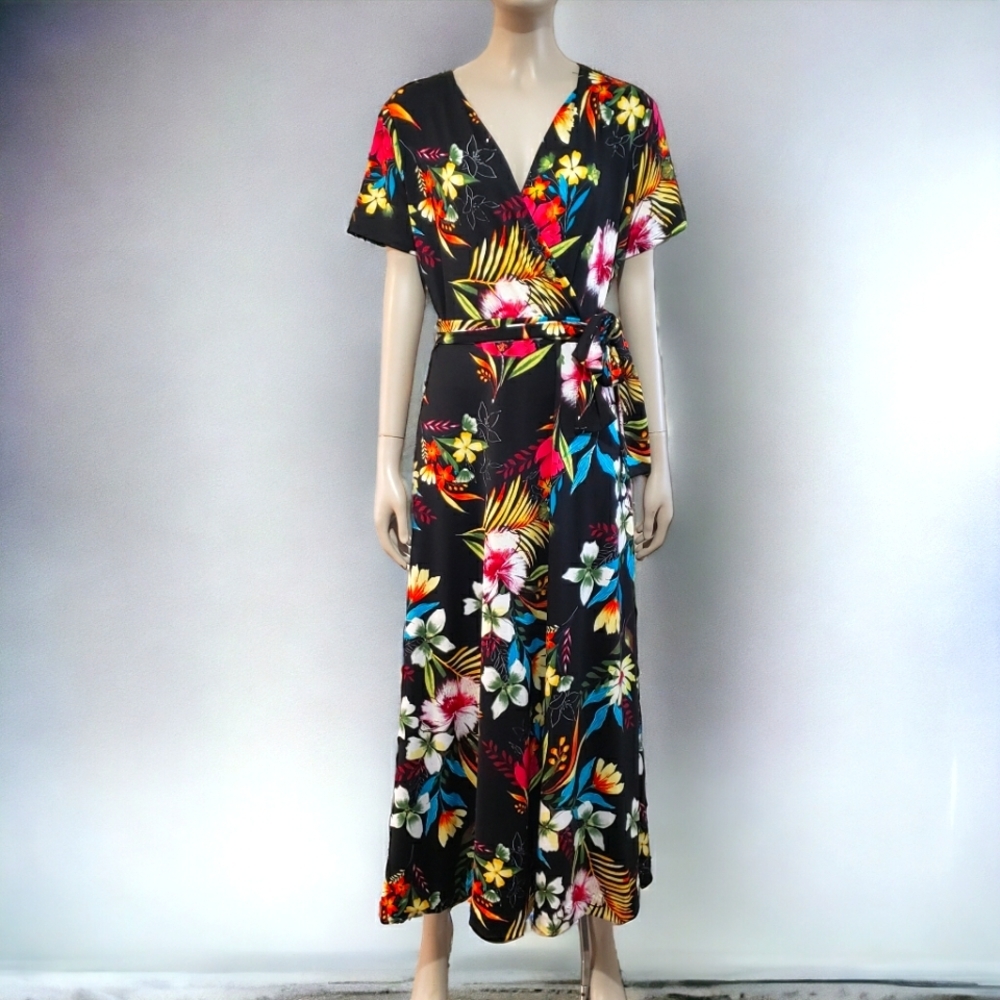 Jemma Womens M Maxi Midi Dress Floral V Neck Stretch Belted Short Sleeve Belted
